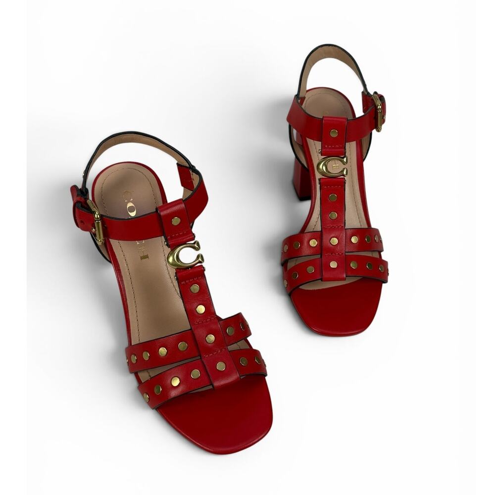 Coach Margaret Sandal Womens 6 Red Leather Studded Block Heel Ankle Strap - Picture 7 of 16